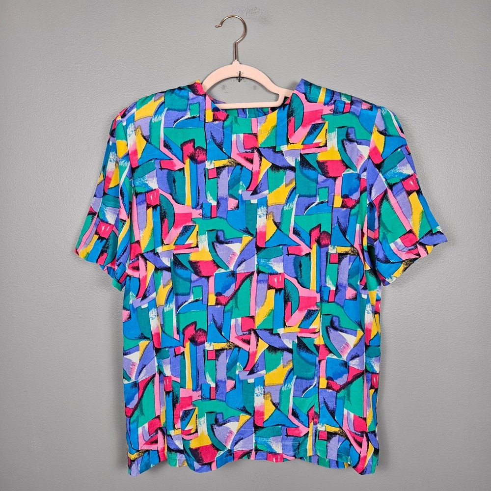 Casual Corner Womens M Silk Blouse Abstract 90s Vintage Geometric Multicolor